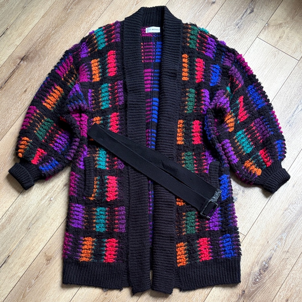 Vintage Yarnworks Womens Belted Long Cardigan Sweater Chunky Funky Art 80s Sz L
